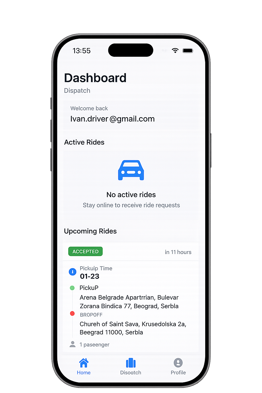 Chauffeur app - upcoming rides dashboard